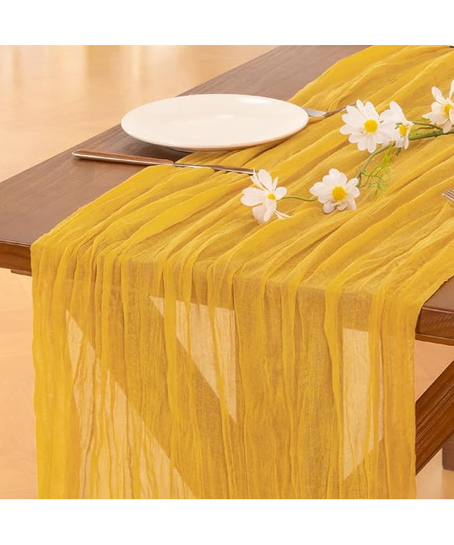 Socomi 10pcs Gold Yellow Cheesecloth Table Runner Boho Rustic Gauze 120 inch 10FT Cheese Cloth Runner for Wedding Party Baby Shower Birthday Home Decor Holiday Decorations