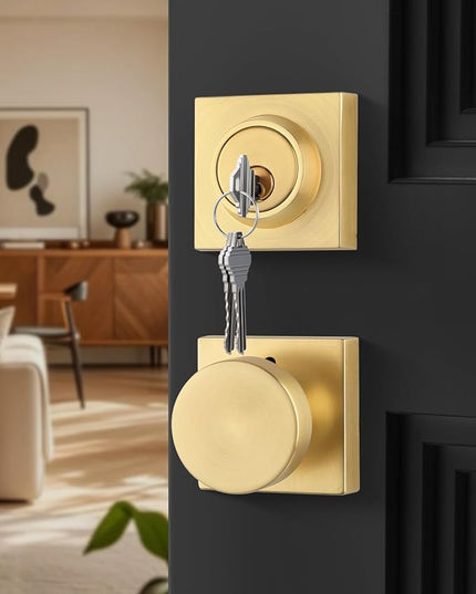 Brushed Gold Door Knobs with Deadbolt, Heavy Duty Front Door Knob and Deadbolt Set, Exterior Door Knob with Single Cylinder Deadbolt Lock Set (1 Pack)