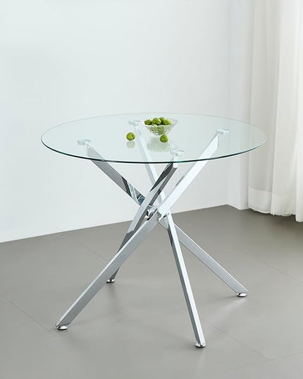 36" Round Glass Dining Table Modern Kitchen Glass Top Table for 4 with Silver Chrome Metal Legs, Clear Dining Table Kitchen Table for Home Office Dining Room