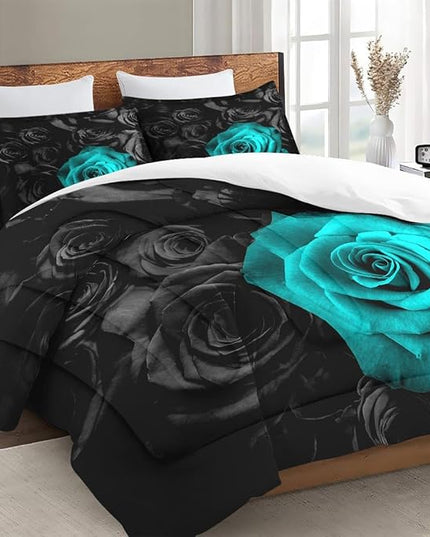 Queen Size Comforter Set with 2 Pillowcases, Cyan Rose Flower 3 Pcs Bedding for Kids and Adults, Summer Vintage Floral Soft Comforter Set for Bedroom Bed Decor
