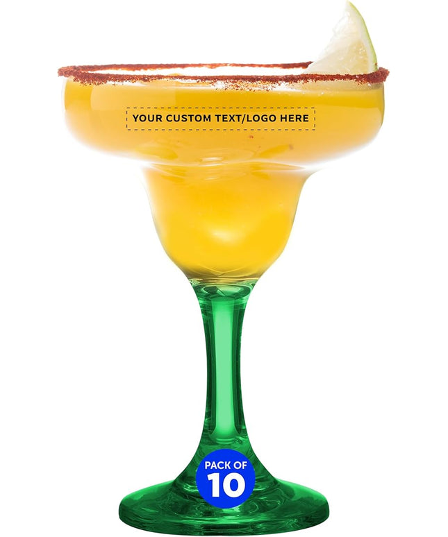 DISCOUNT PROMOS 10 Margarita Glasses Set, 9 oz. - Personalized Text, Logo - Classic, Smooth, Barware, Glassware - Green