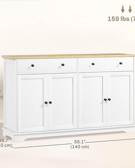 HOMCOM Sideboard Buffet Cabinet with Storage, 55" Modern Kitchen Cabinet with 4 Doors, 2 Drawers and 2 Adjustable Shelves, Coffee Bar, White
