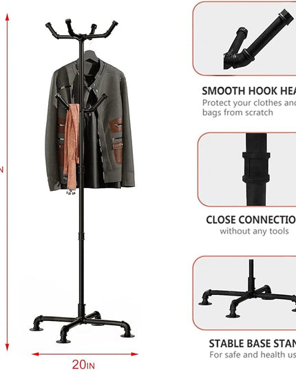 Industrial Coat Rack,Metal Pipe Coat Rack Stand Freestanding with 6 Hooks,Heavy Duty Coat Tree Sturdy Coat Racks for Entryway, Hallway, Bedroom (Black)