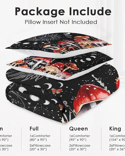 King Size Comforter Set with 2 Pillowcases, Sun Moon Boho Mushroom 3 Pcs Bedding for Kids and Adults, Astrology Tarot Witch Soft Comforter Set for Bedroom Bed Decor