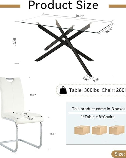 7 Piece Glass Dining Table Set, Glass Kitchen Dining Room Table Set for 6, 61" Modern Rectangular Black Glass Metal Dining Table with 6 White PU Leather Dining Chairs for Kitchen Dining Room