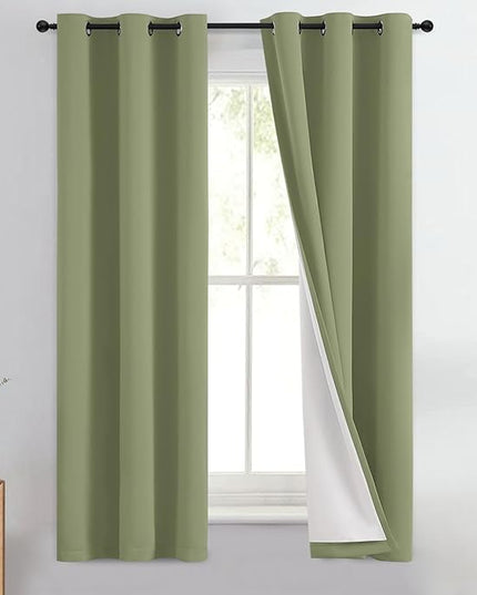 Yakamok 100% Blackout Curtain Panels 63 inches Cold and Light Blocking Drapes for Nursery, 2 Thick Layers Thermal Insulated Draperies (2 Pieces, 40 Wide Each Panel, Sage Front with White Backing)
