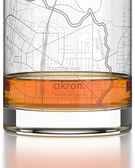 Well Told Engraved Akron Ohio Map Rocks Glass, Old Fashioned Glassware (11 oz, Clear) Etched Bourbon Tumbler, Gifts For Whiskey Lovers