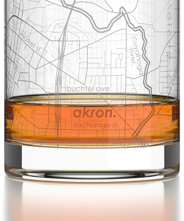Well Told Engraved Akron Ohio Map Rocks Glass, Old Fashioned Glassware (11 oz, Clear) Etched Bourbon Tumbler, Gifts For Whiskey Lovers
