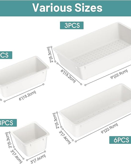 WOWBOX 25 PCS Plastic Drawer Organizer Set, 4 Sizes Desk Drawer Divider Organizers and Storage Bins for Makeup, Jewelry, Gadgets for Kitchen, Bedroom, Bathroom, Office, White