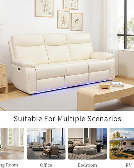 Power Recliner Sofa Sectional Couches with LED Light, Leather Reclining 3-Seat Sofa, Living Room Furniture, Reclining Sofa with Cup Holders/Storage Console for House(Vanilla White)