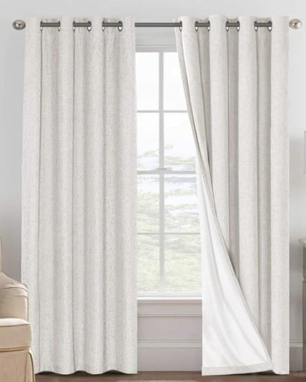 H.VERSAILTEX 100% Blackout Curtains Linen Textured Blackout Curtains for Bedroom Full Light Blocking Thermal Insulated Curtain Panels 84 Inches Long Energy Saving with White Liner, 2 Panels, Ivory