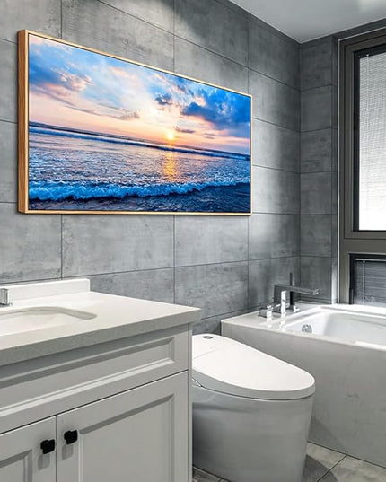 Wapluam Large Wood Framed Wall Art For Living Room Canvas Wall Decor For Office Blue Beach Painting Ocean Sea Waves Wall Pictures Ready To Hang Bedroom Home Decorations Prints Posters Mural Artwork