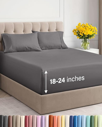 Extra Deep Twin Sheet Set - 4 Piece Breathable and Cooling Sheets - Hotel Luxury Bed Sheets Set - Easy & Secure Fit - Soft, Wrinkle Free and Comfy Sheets Set - Grey Sheet Set with Extra Deep Pockets