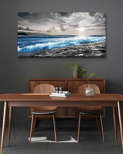 hyidecorart Wall Decor For Living Room Framed Canvas Wall Art For Office Bedroom Decorations Blue Ocean Wall Painting Black and White Beach Pictures Artwork Modern Mural Home Walls Decor