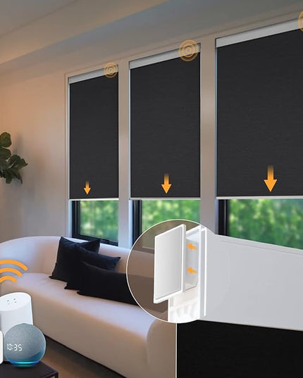 Motorized Blinds No Drill Automatic Blinds for Windows Cordless Roller Shades Electric Blinds with Remote Control Smart Blinds (Black, 23.5 x 72)