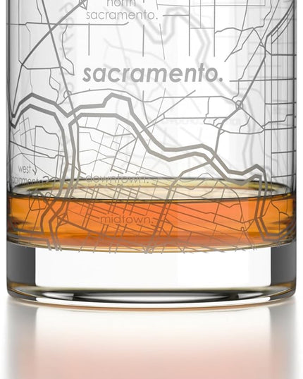 Well Told Engraved Sacramento California Map Rocks Glass, Old Fashioned Glassware (11 oz, Clear) Etched Bourbon Tumbler, Gifts For Whiskey Lovers