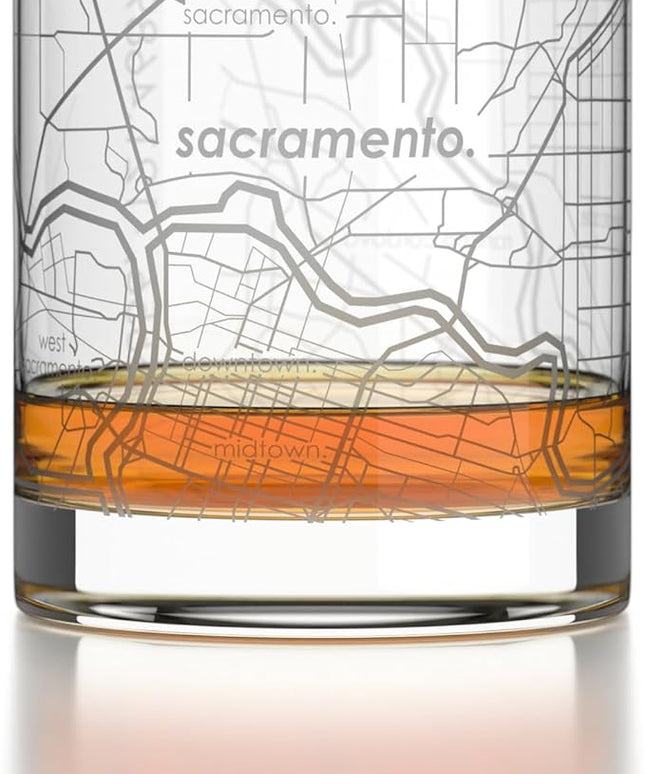 Well Told Engraved Sacramento California Map Rocks Glass, Old Fashioned Glassware (11 oz, Clear) Etched Bourbon Tumbler, Gifts For Whiskey Lovers