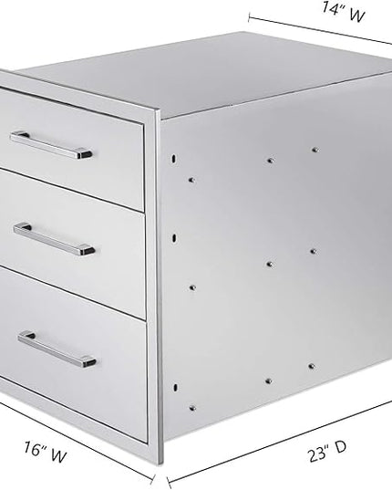 Outdoor Kitchen Drawers Stainless Steel 3-Drawer BBQ Drawer 16" W x 21" H x 23" D Enclosed Built-in Drawer Flush Mount for Outdoor Kitchens & BBQ Islands