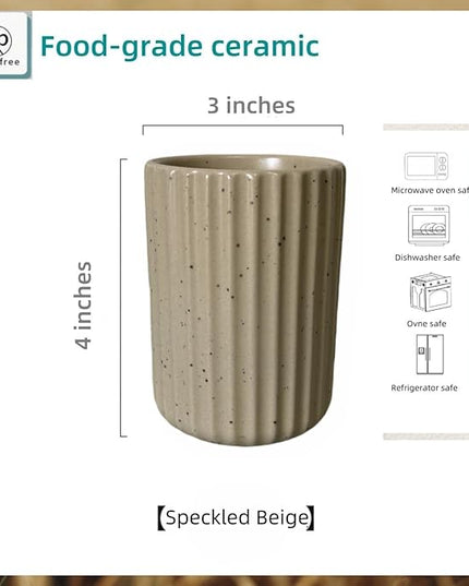 Stoneware Coffee Bar Utensil Holder Tea & Coffee Spoon & Stirrer Holder for Stir Stick Straw Teaspoon Holder Spoon Cup Small Utensil Jar Fluted Vertical Stripe (Speckled Beige)