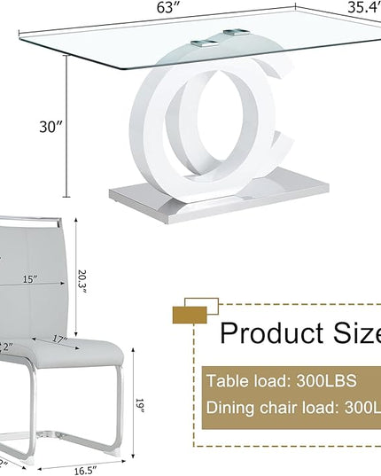 Ebullient Glass Dining Table Set for 4 ，5 Piece Dining Table Set,Tempered Glass Table Top，White Modern Dining Room Table with 4 PU Leather Ergonomic Dining Chairs