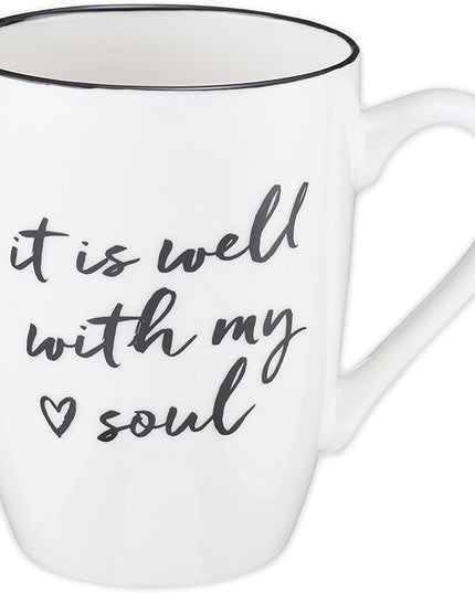 Christian Art Gifts Microwave & Dishwasher Safe Encouraging Ceramic Coffee & Tea Mug for Women & Men: It is Well With My Soul Inspirational Non-toxic Novelty Heart Beverage Cup, White & Black, 12 oz.