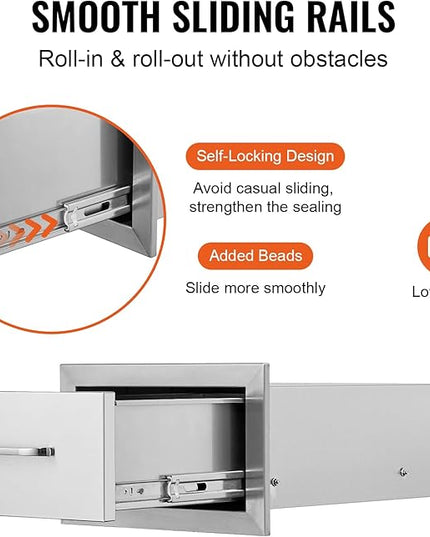 VEVOR 14x8.5 Inch Outdoor Kitchen Drawers Stainless Steel, Flush Mount Double Drawers,14W x 8.5H x 23D Inch, with Stainless Steel Handle, BBQ for Outdoor Kitchens or BBQ Island