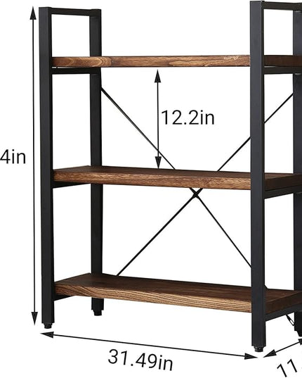 Natural Real Solid Wood Bookcase,3 Tier Metal and Wood Open Book Shelf Storage Farmhouse Wide Etagere Bookcase for Office Living Bedroom