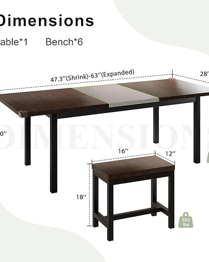 Feonase 7-Piece Dining Table Set with 6 Stools, 63 Inch Extendable Kitchen Table for 4-8, Kitchen Room Set with MDF Board & Metal Frame, Farmhouse Table, Space-Saving, Espresso