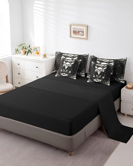 Feelyou Death Moth Kids Comforter Set 7 Pieces, Gothic Skull Skeleton Bedding Queen with 1 Comforter,1 Fitted Sheet,1 Flat Sheet,2 Pillowcases,2 Throw Pillow Cover,Boho Flower Bed Set for Boys Girl