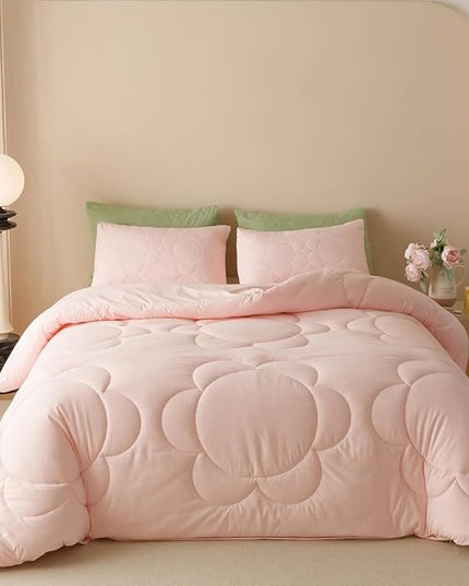 CLOTHKNOW Pink Queen Comforter Set 3Pcs Daisy Puff Bedding Comforter Sets Soft Floral Queen Comforter Pink Comforter with 2 x Pillow Cases