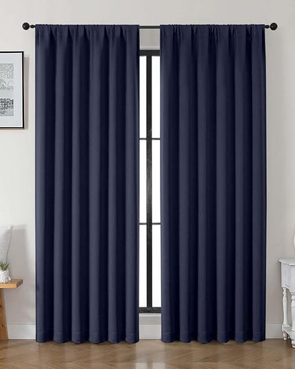 Gwine Navy Blue Blackout Curtains for Bedroom 90 inches Long 2 Panels Set, Solid Noise Reducing Thermal Insulated Blackout Curtains for Living Room with Rod Pocket, Each 50" Wx90 L