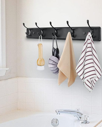 Wooden Coat Rack, Wall-Mounted Organizer for Closet, Entryway, Hallway, Foyer, Bedroom, Heavy Duty Double Hooks for Hanging Towels, Bags, Hats, Jackets, Key (Black, 5 Hooks)