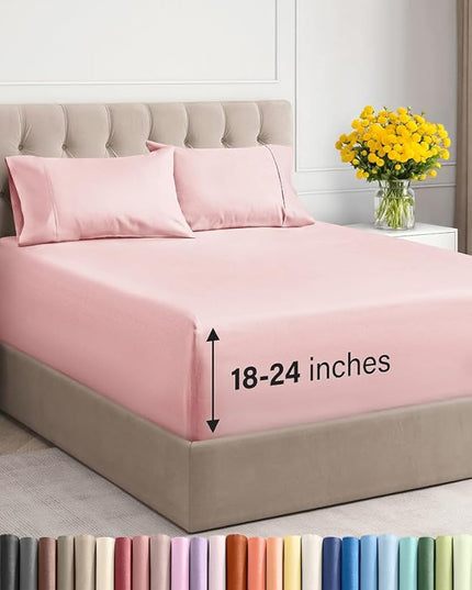 Extra Deep Twin Sheet Set - 4 Piece Breathable & Cooling Sheets - Hotel Luxury Bed Sheets Set - Easy & Secure Fit - Soft, Wrinkle Free & Comfy Sheets Set - Baby Pink Sheet Set with Extra Deep Pockets