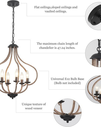 18‘’ Wood Farmhouse Chandelier, 6-Light Vintage Rustic Oak Brown Pendant Lights for Kitchen Island Lighting for Hallway Entryway Foyer Living Room Bedroom