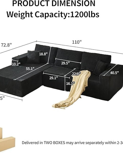 110" Boneless Cloud Sectional Couch for Living Room, Compressed Modular L-Shaped Sofa with Deep Seat, Frameless Corduroy Couch in Boxes, No Assembly Required 3-Seater (Left-Facing Chaise, Black)