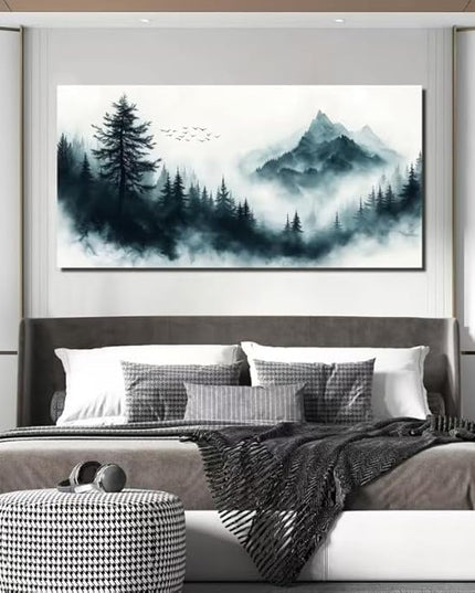 Foggy Forest Wall Art White Wall Decor Black Canvas Mountain Pictures Large Nature Artwork for Living Room Bedroom Dining Room Office 29" x 59"
