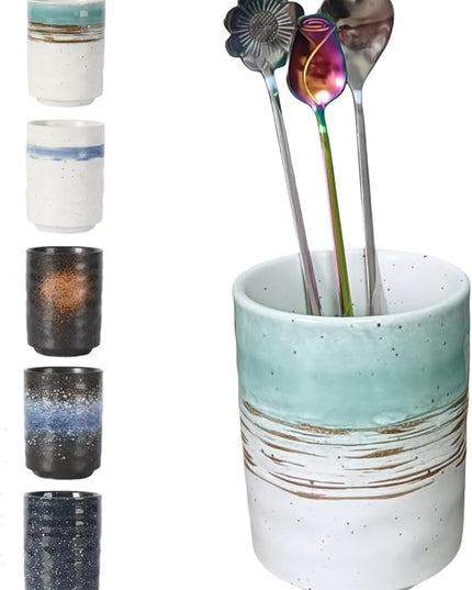 Stoneware Coffee Bar Utensil Holder Tea & Coffee Spoon & Stirrer Holder for Stir Stick Straw Teaspoon Holder Spoon Cup Small Utensil Jar (Green fields)