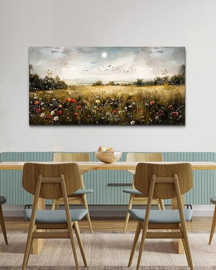 Wapluam Wall Decor For Living Room Canvas Wall Art For Bedroom Wildflower Field Vintage Wall Art Canvas Prints Paintings Farmhouse Artworks Pictures Modern Bathroom Aesthetic Home Wall Decor 40"X20"