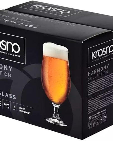 Krosno Lager Beer Glasses, Set of 6, 16.9 oz, Belgian Style Glasses, IPA, Craft Beer Glasses, Harmony Collection, Dishwasher Safe, Made in Europe