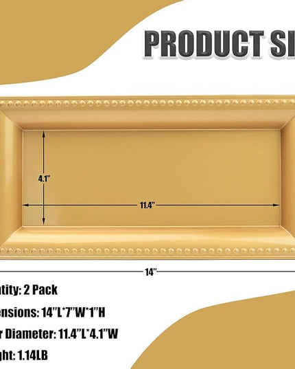 2 Pack Gold Bathroom Vanity Tray for Countertop with Beads, Small Plastic Toilet Tank Versatile Storage Organization Tray for Makeup, Perfume, Desk, Kitchen, Candles, 14"x7"x1", 36G