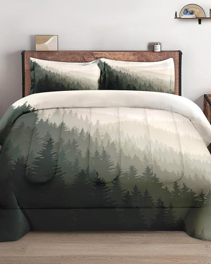 Comforter Set Queen Size, Mountain Pine Tree Forest 3 Pcs Soft Bedding Set for Kids and Adults Natural Landscape Comforter Set with 2 Pillowcases for Bedroom Bed Decor