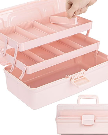 14in 3-Layer Multipurpose Craft Organizers and Storage with Adjustable Dividers, Portable Tackle Box, Folding Art & Craft Case for Medicine, Tool, Sewing Organizer (Pink, X-Large)