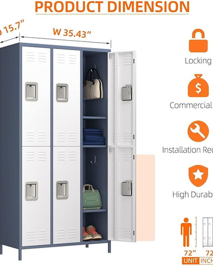 Aobabo Metal Storage Locker for Employees, 6 Doors Metal Locker for Garage, Office, Gym, Dormitory, Industrial Storage with 18 Hooks, Assembly Required, Grey White
