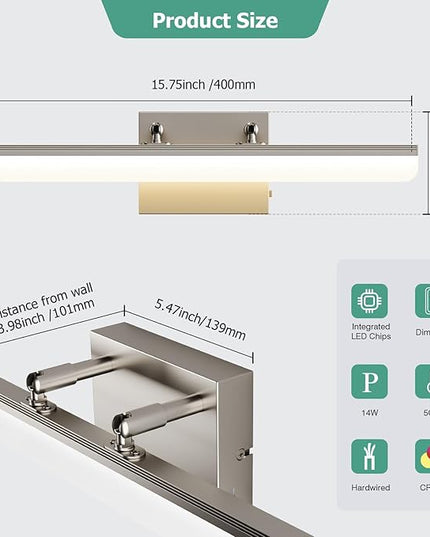 Brushed Nickel Vanity Light, 15.7” Dimmable LED Bathroom Light Bar with 5CCT, Adjustable Angle – Modern Wall Lighting for Bathroom, Powder Room, Bedroom, Apartment, Hotel