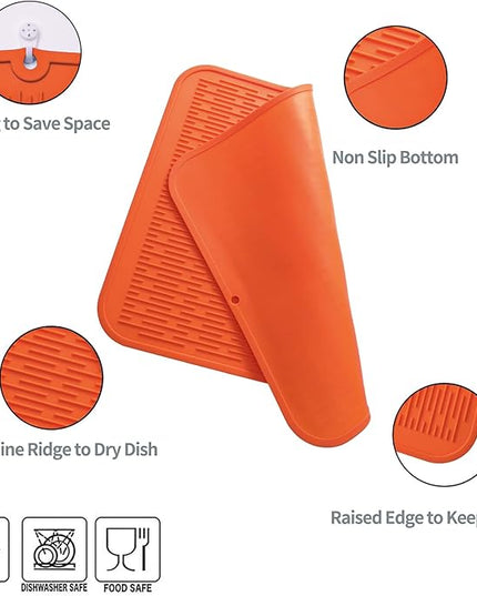 Silicone Dish Drying Mat for Multiple Usage,Easy clean,Eco-friendly,Heat-resistant Silicone Mat for Kitchen Counter or Sink,Refrigerator or Drawer Liner Orange XL 18 inches x 16 inches