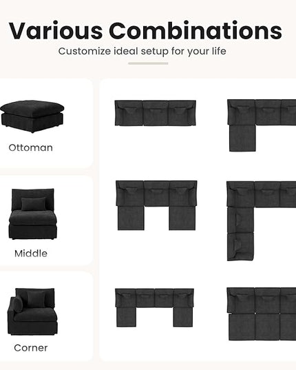 Could Couch Modular Sectional Sofa with Ottoman,Down Filled 120inch U Shaped Couch,Convertible Sofa Bed Living Room Set,6 Seat Sleeper Couched Bed, Cover Washable and Replaceable,Black