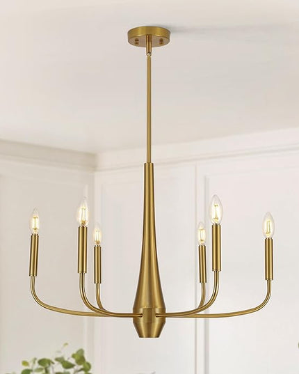 6-Light Gold Farmhouse Chandeliers, Modern Mid Century Candle Pendant Light, Rustic Industrial Metal Hanging Fixture for Dining Room, Kitchen, Bedroom, Living Room, Foyer