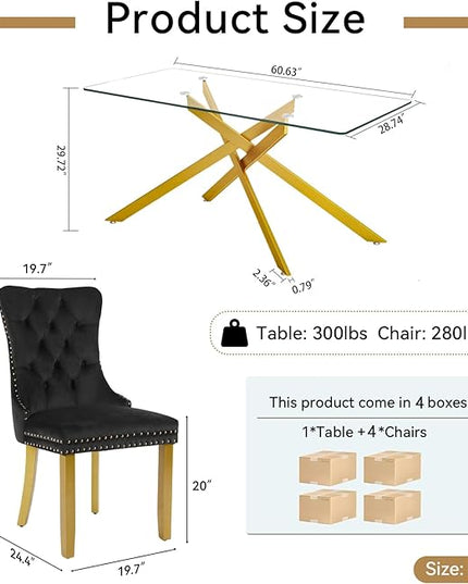 Modern 5-Piece Glass Dining Table Set for 4, Modern 60" Rectangle Gold Glass Dining Room Table Set with Black Velvet Tufted Chairs Wood Legs for Kitchen Dining Room