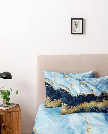 Royal Blue Marble Duvet Cover Set King Size Sequin Gold Bedding Comforter Covers with 2 Pillow Shams Breathable Durable Soft Comfy