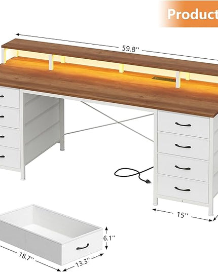 60 Inch Computer Desk with 8 Fabric Drawers, Gaming Desk with LED Lights & Power Outlets, Home Office Desk with Monitor Stand, Brown and White